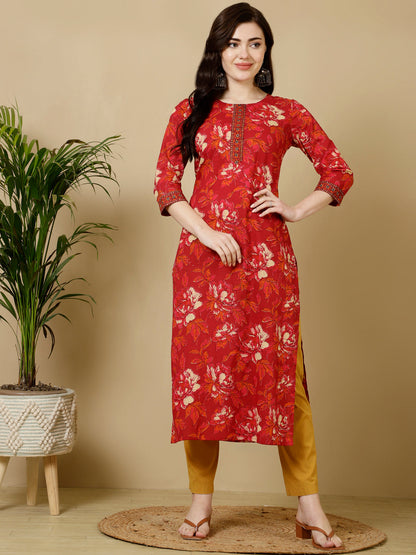 Cotton Calf Length Straight 3/4 Sleeves Round Kurta