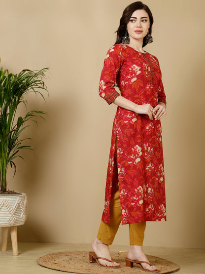 Cotton Calf Length Straight 3/4 Sleeves Round Kurta