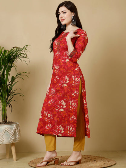 Cotton Calf Length Straight 3/4 Sleeves Round Kurta