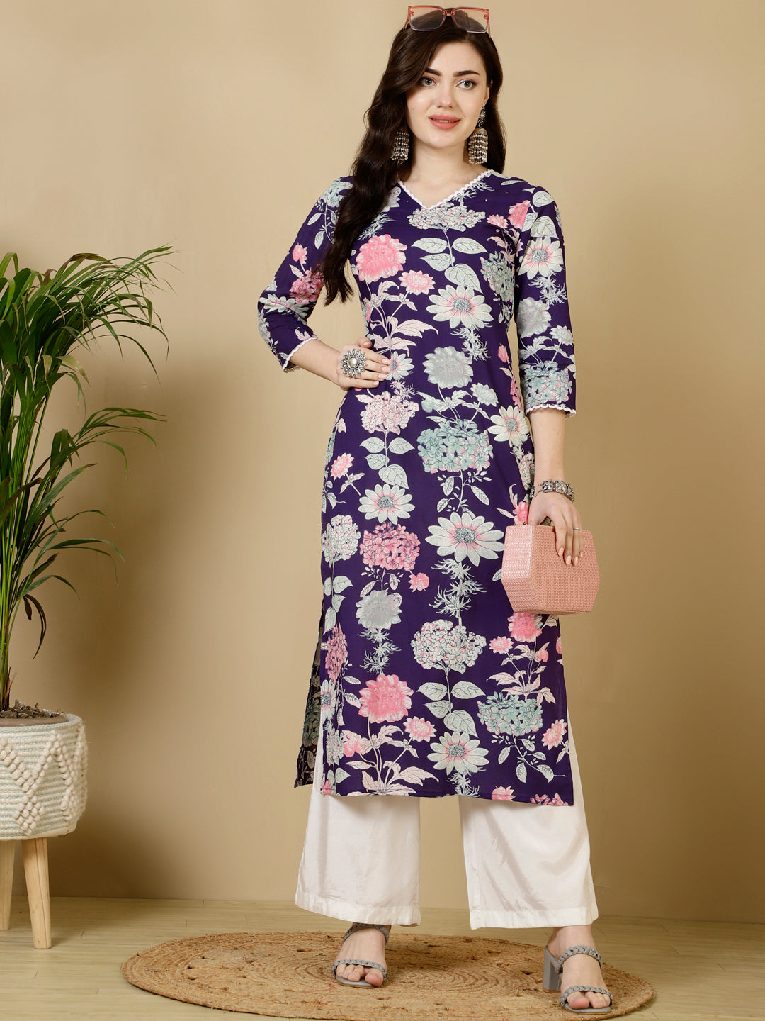 Rayon Calf Length Straight 3/4 Sleeves V Kurta