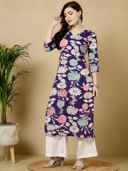 Rayon Calf Length Straight 3/4 Sleeves V Kurta