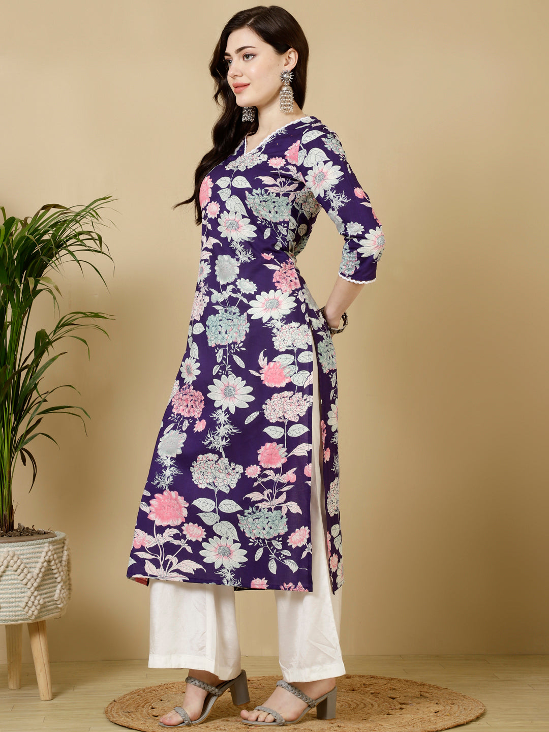 Rayon Calf Length Straight 3/4 Sleeves V Kurta