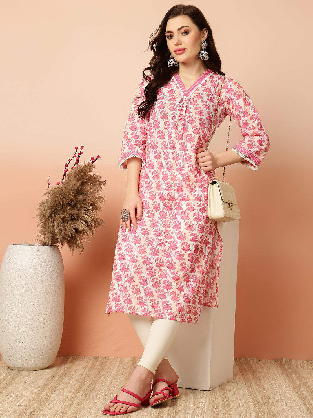 Cotton Calf Length Straight 3/4 Sleeves V Kurta