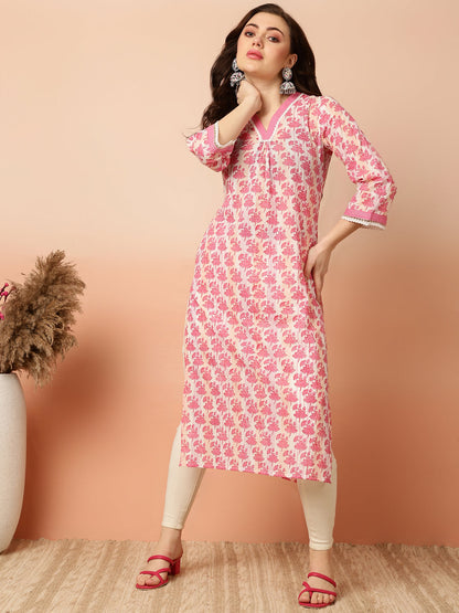 Cotton Calf Length Straight 3/4 Sleeves V Kurta