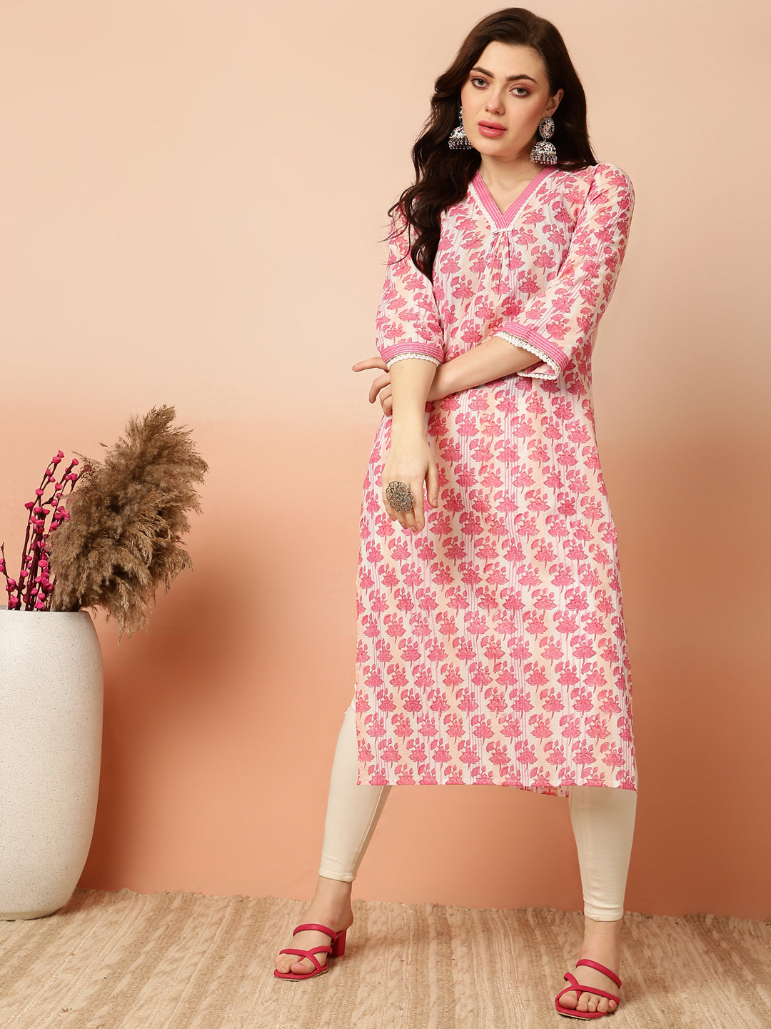 Cotton Calf Length Straight 3/4 Sleeves V Kurta