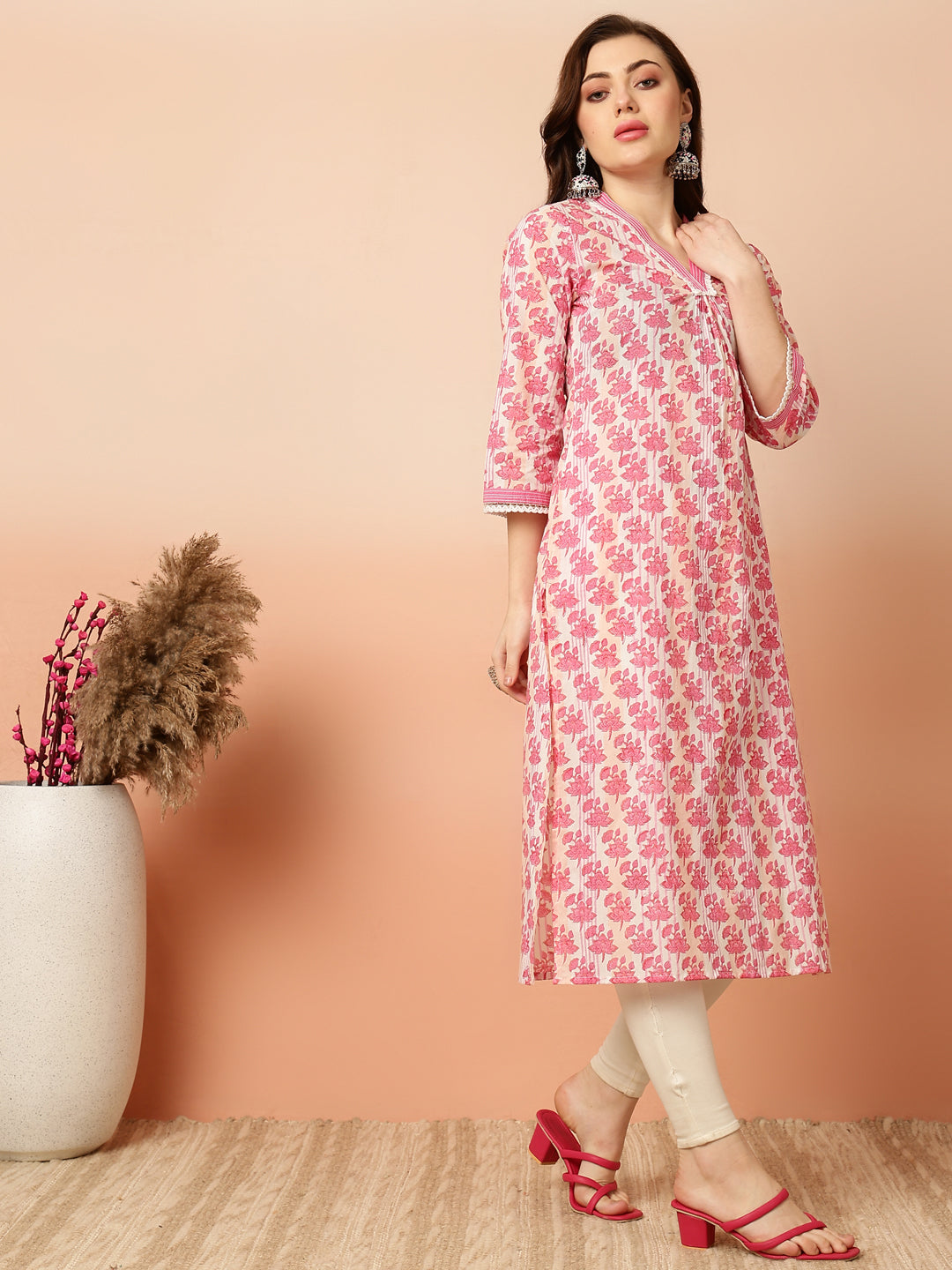 Cotton Calf Length Straight 3/4 Sleeves V Kurta