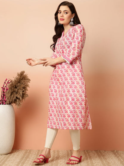 Cotton Calf Length Straight 3/4 Sleeves V Kurta