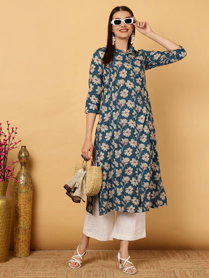 Rayon Calf Length Floral A-Line 3/4 Sleeves Shirt Coller Kurta