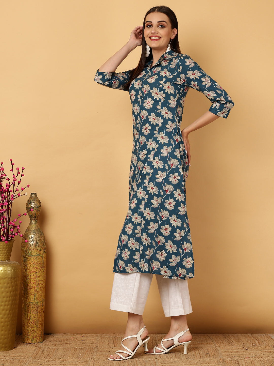 Rayon Calf Length Floral A-Line 3/4 Sleeves Shirt Coller Kurta