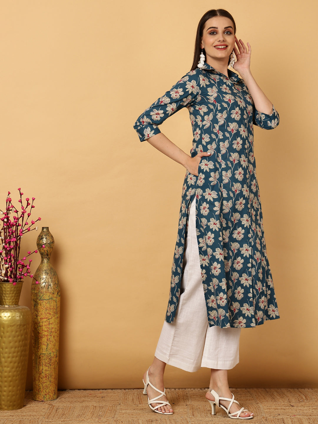 Rayon Calf Length Floral A-Line 3/4 Sleeves Shirt Coller Kurta