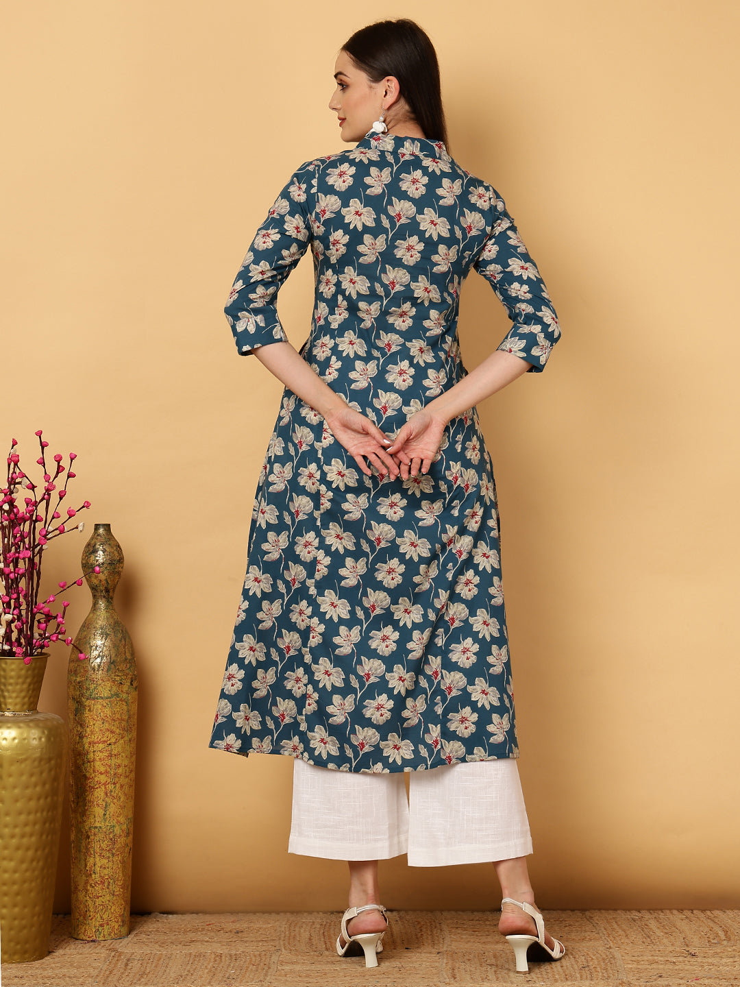 Rayon Calf Length Floral A-Line 3/4 Sleeves Shirt Coller Kurta