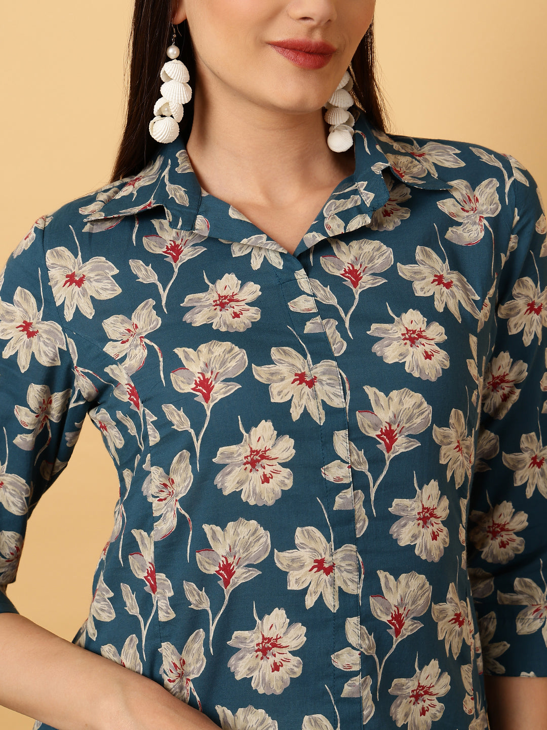 Rayon Calf Length Floral A-Line 3/4 Sleeves Shirt Coller Kurta