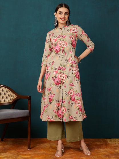 Cotton Flex Calf Length Length Floral Straight 3/4 Sleeves V Kurta