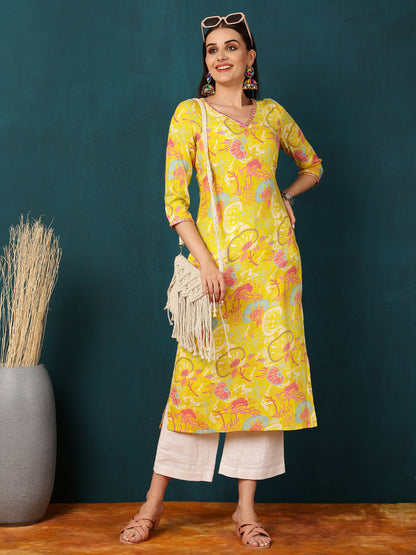 Rayon Calf Length Floral Straight 3/4 Sleeves V  Kurta