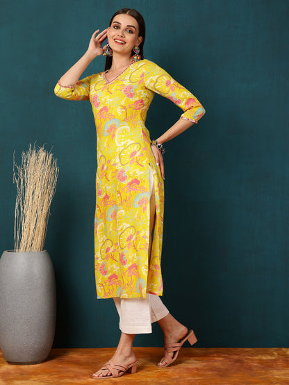 Rayon Calf Length Floral Straight 3/4 Sleeves V  Kurta