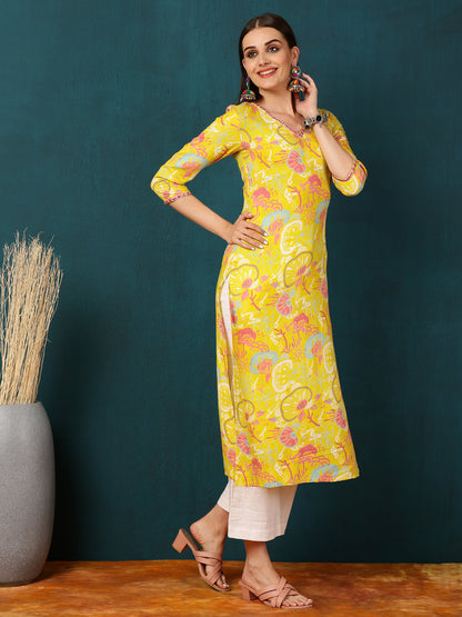 Rayon Calf Length Floral Straight 3/4 Sleeves V  Kurta