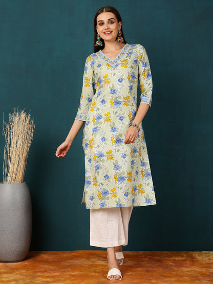 Rayon Calf Length Floral Straight 3/4 Sleeves V  Kurta