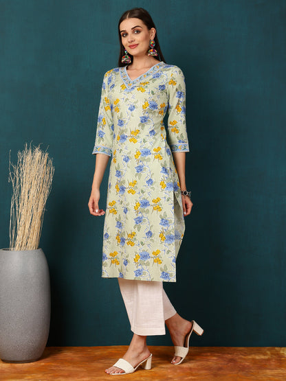 Rayon Calf Length Floral Straight 3/4 Sleeves V  Kurta