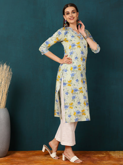 Rayon Calf Length Floral Straight 3/4 Sleeves V  Kurta