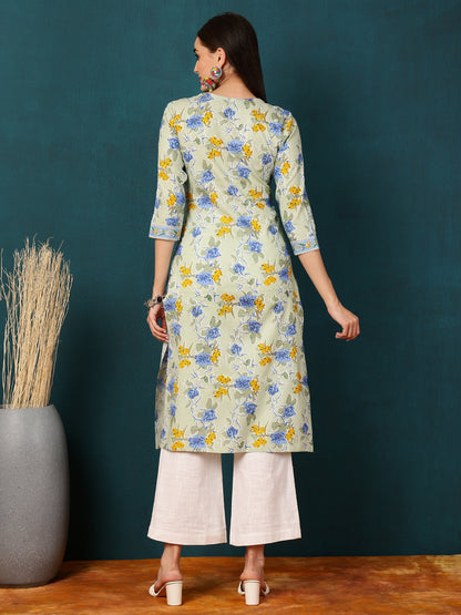 Rayon Calf Length Floral Straight 3/4 Sleeves V  Kurta