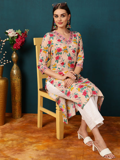 Rayon Calf Length Floral Straight 3/4 Sleeves V  Kurta