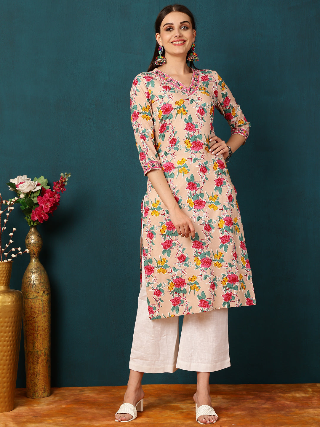 Rayon Calf Length Floral Straight 3/4 Sleeves V  Kurta