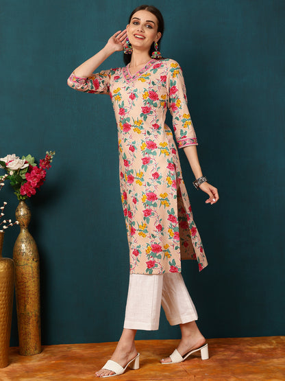 Rayon Calf Length Floral Straight 3/4 Sleeves V  Kurta