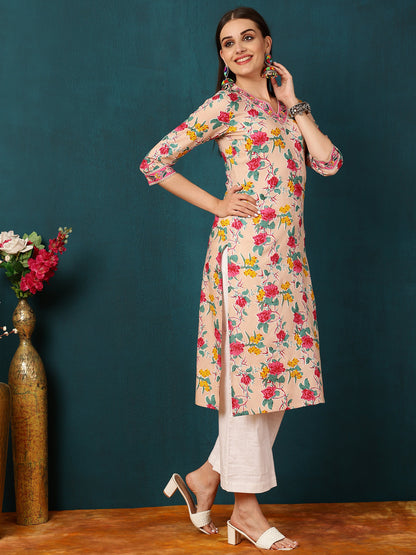 Rayon Calf Length Floral Straight 3/4 Sleeves V  Kurta