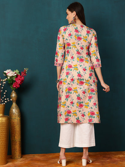 Rayon Calf Length Floral Straight 3/4 Sleeves V  Kurta