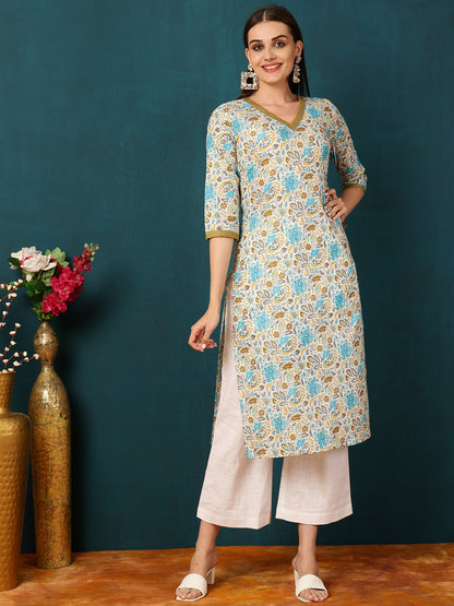 Rayon Calf Length Floral Straight 3/4 Sleeves V  Kurta