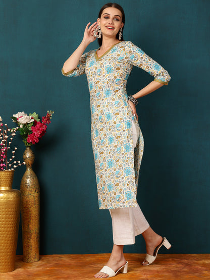 Rayon Calf Length Floral Straight 3/4 Sleeves V  Kurta