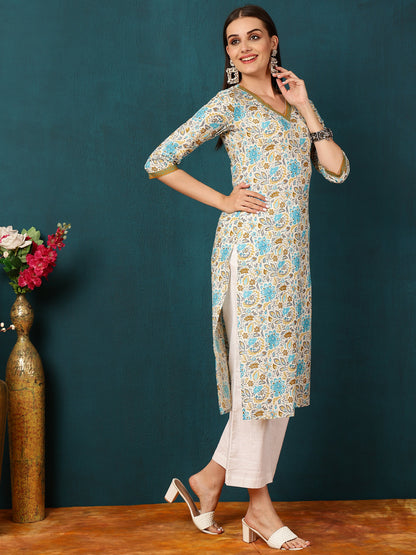 Rayon Calf Length Floral Straight 3/4 Sleeves V  Kurta