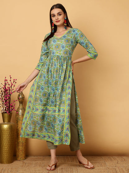 Cotton Calf Length Floral Semi-Flared 3/4 Sleeves Round Neck Kurta