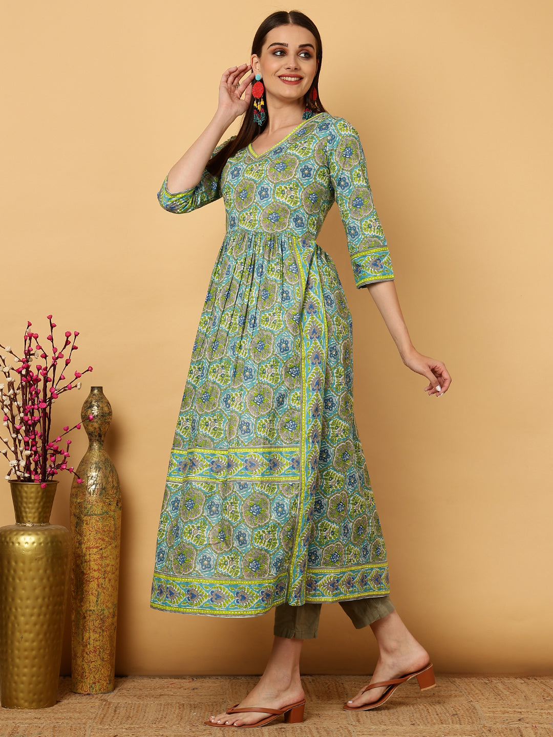 Cotton Calf Length Floral Semi-Flared 3/4 Sleeves Round Neck Kurta