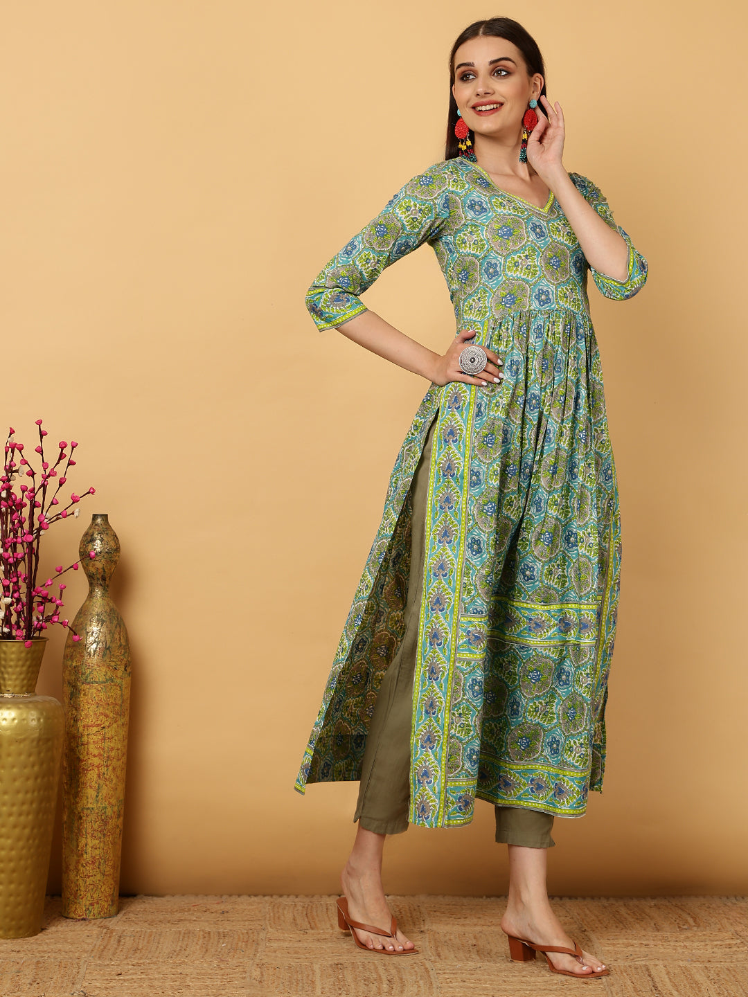 Cotton Calf Length Floral Semi-Flared 3/4 Sleeves Round Neck Kurta