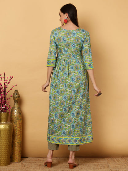 Cotton Calf Length Floral Semi-Flared 3/4 Sleeves Round Neck Kurta