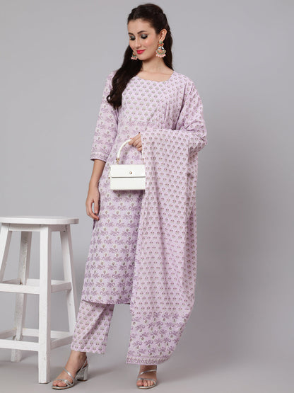 Cotton Printed Round Neck 3/4 Sleeve Straight Calf Length Ethnic Kurta Pants With Dupatta Set