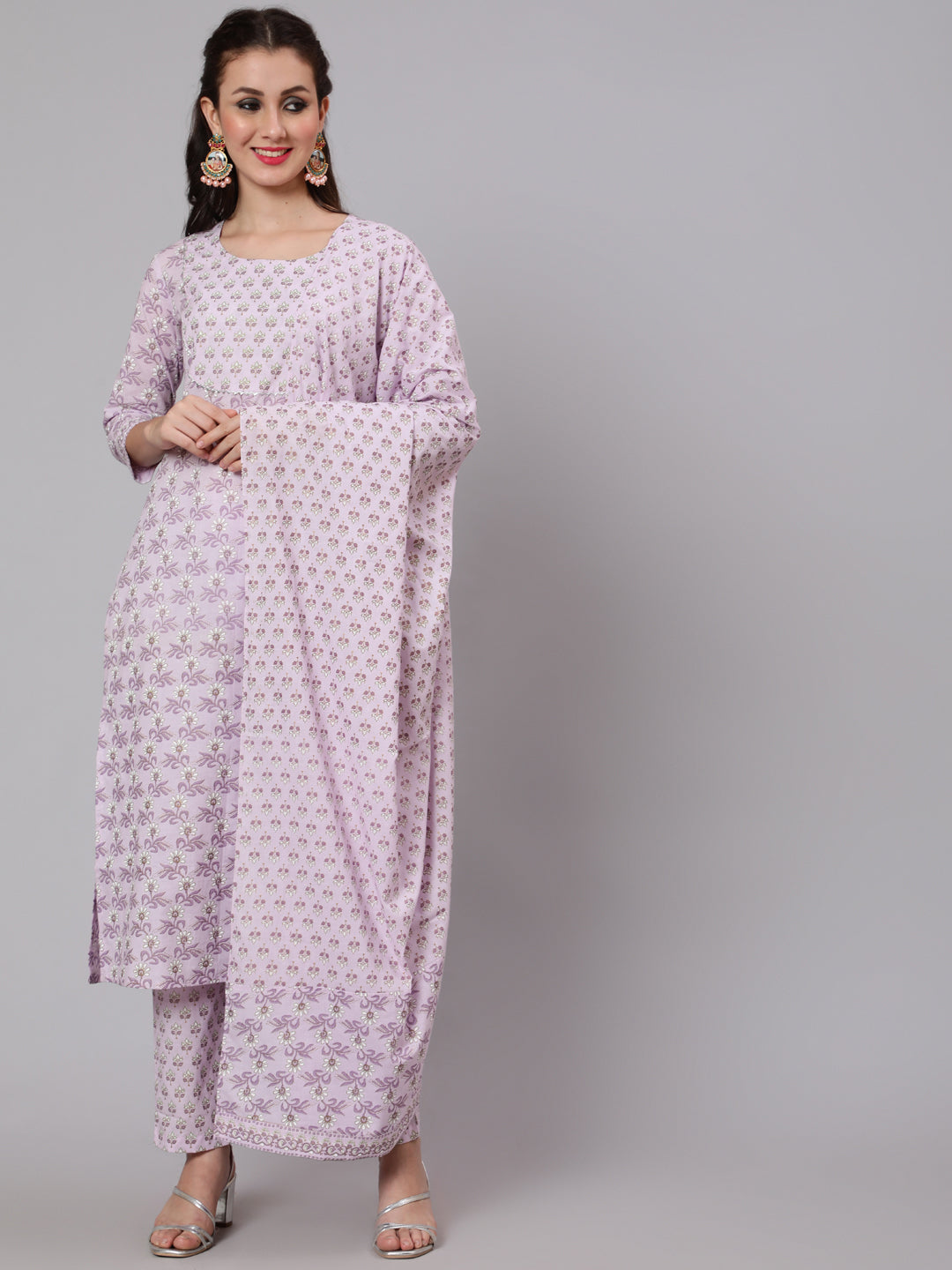 Cotton Printed Round Neck 3/4 Sleeve Straight Calf Length Ethnic Kurta Pants With Dupatta Set