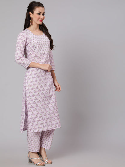 Cotton Printed Round Neck 3/4 Sleeve Straight Calf Length Ethnic Kurta Pants With Dupatta Set