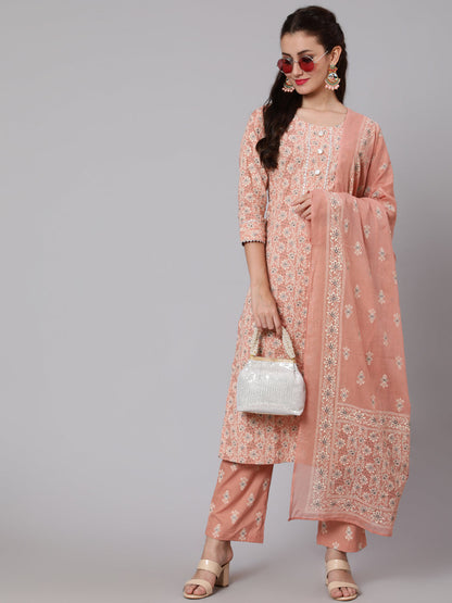 Cotton Printed Round Neck 3/4 Sleeve Straight Calf Length Ethnic Kurta Pants With Dupatta Set