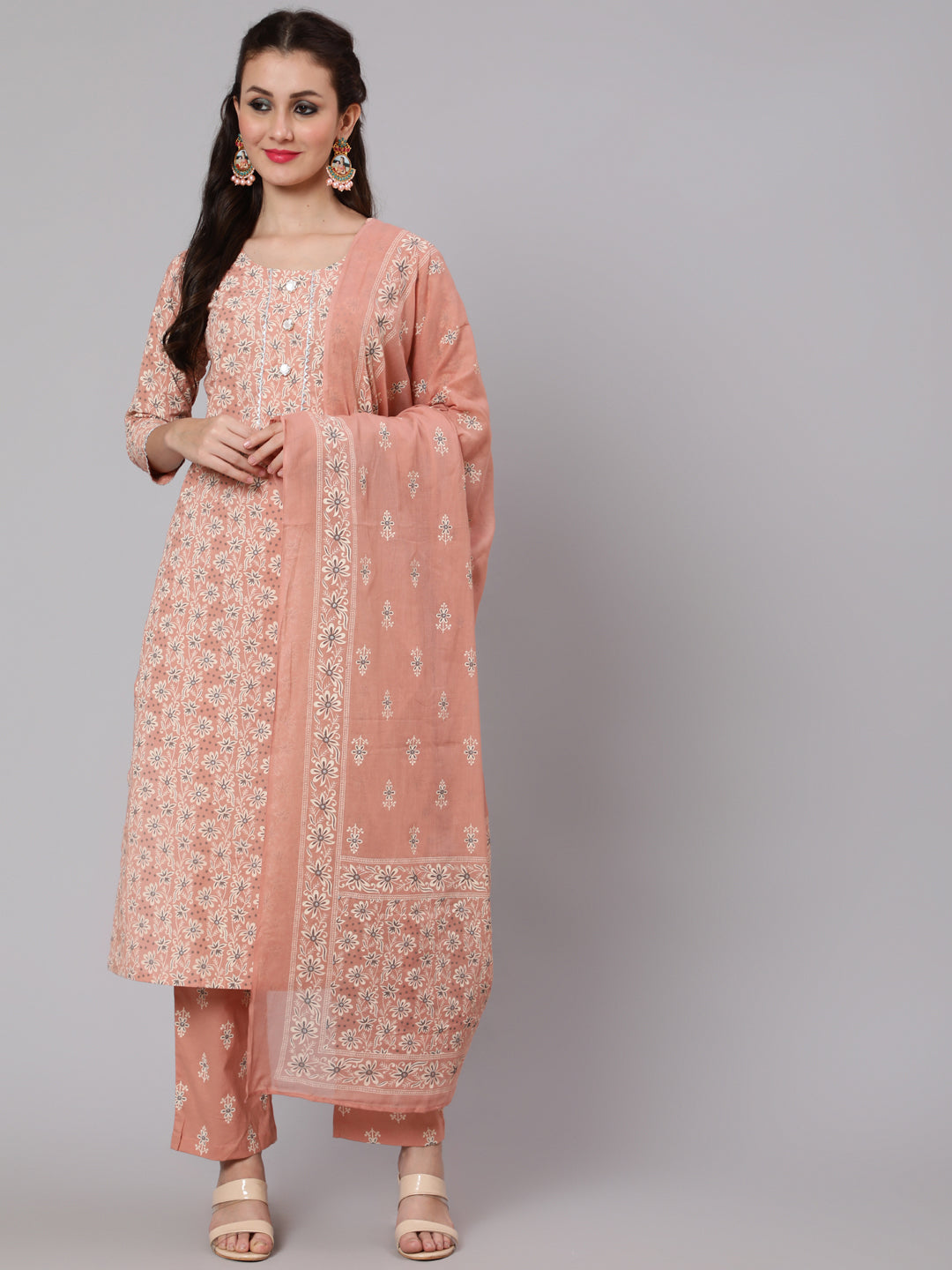 Cotton Printed Round Neck 3/4 Sleeve Straight Calf Length Ethnic Kurta Pants With Dupatta Set