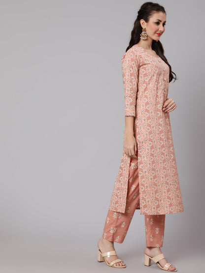 Cotton Printed Round Neck 3/4 Sleeve Straight Calf Length Ethnic Kurta Pants With Dupatta Set