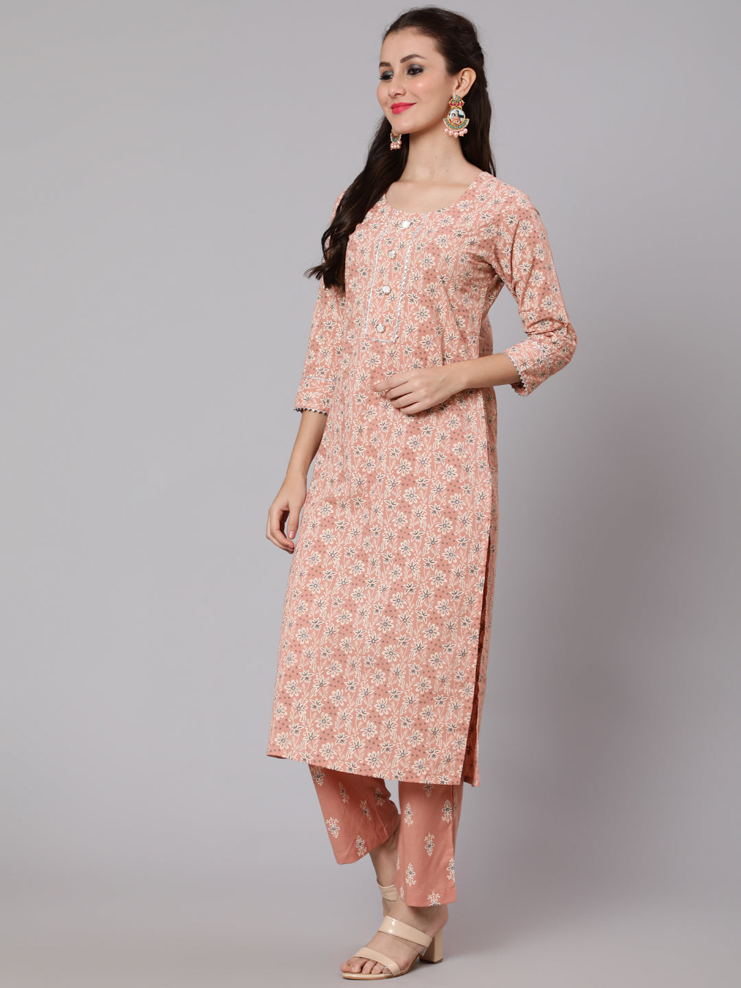 Cotton Printed Round Neck 3/4 Sleeve Straight Calf Length Ethnic Kurta Pants With Dupatta Set