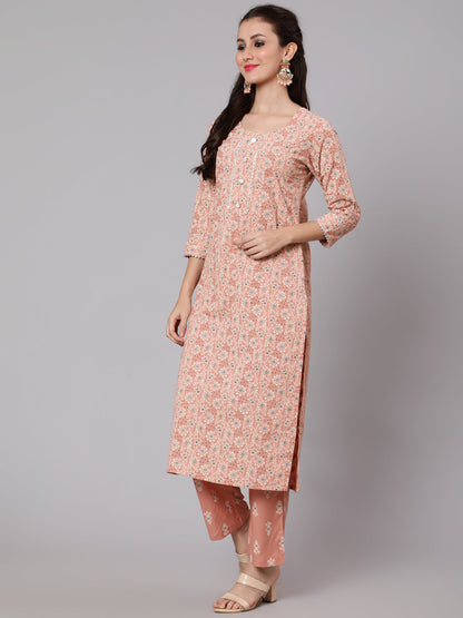 Cotton Printed Round Neck 3/4 Sleeve Straight Calf Length Ethnic Kurta Pants With Dupatta Set