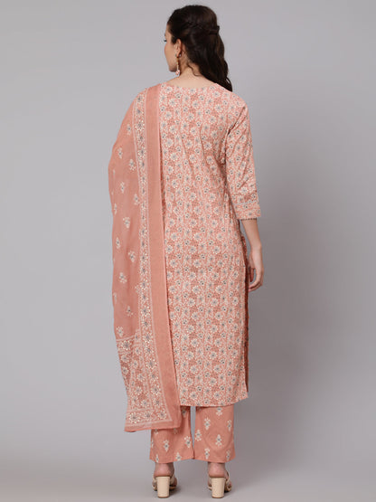 Cotton Printed Round Neck 3/4 Sleeve Straight Calf Length Ethnic Kurta Pants With Dupatta Set