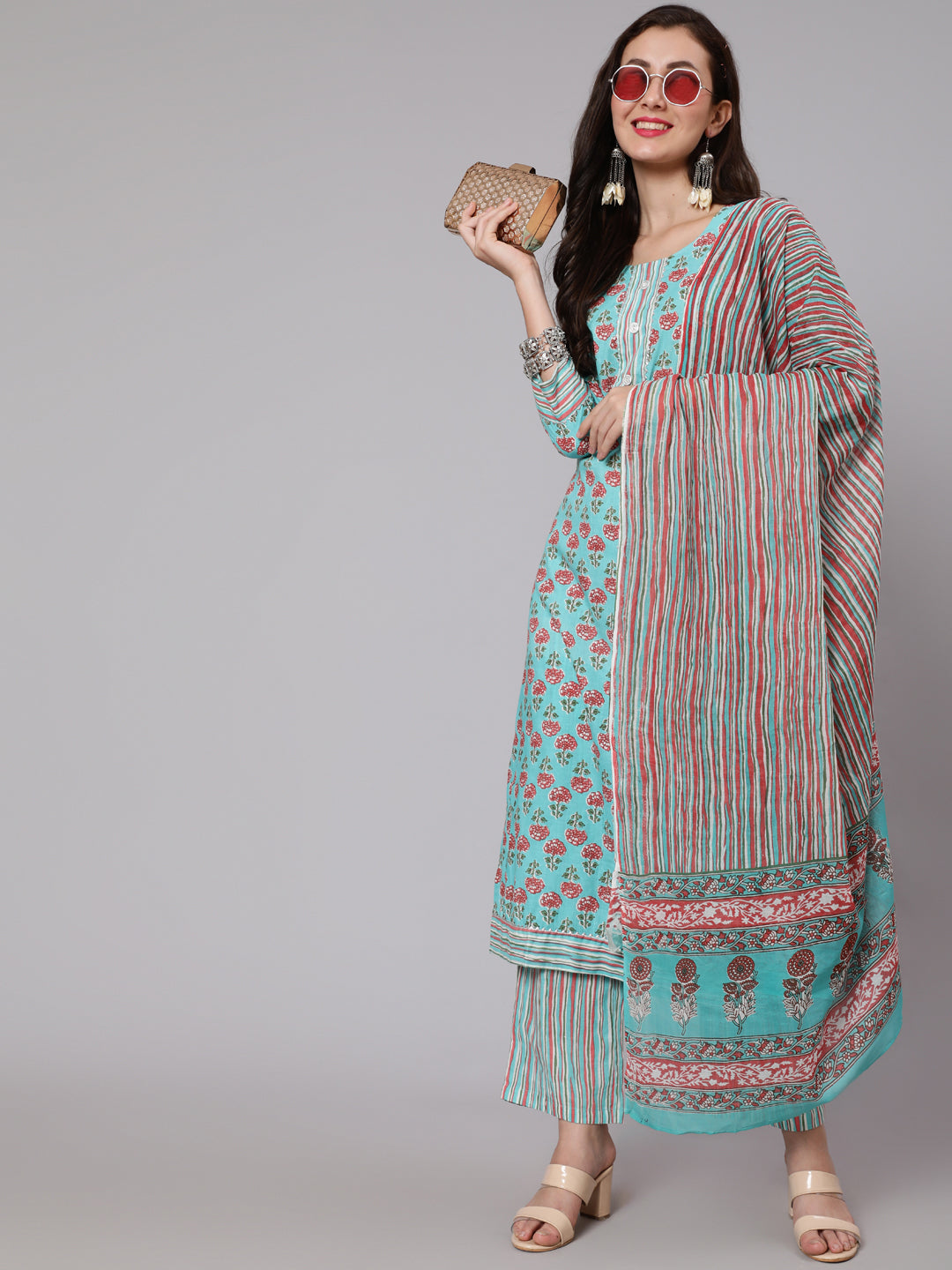 Cotton Printed Round Neck 3/4 Sleeve Straight Calf Length Ethnic Kurta Pants With Dupatta Set