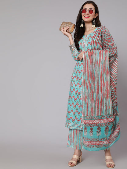 Cotton Printed Round Neck 3/4 Sleeve Straight Calf Length Ethnic Kurta Pants With Dupatta Set