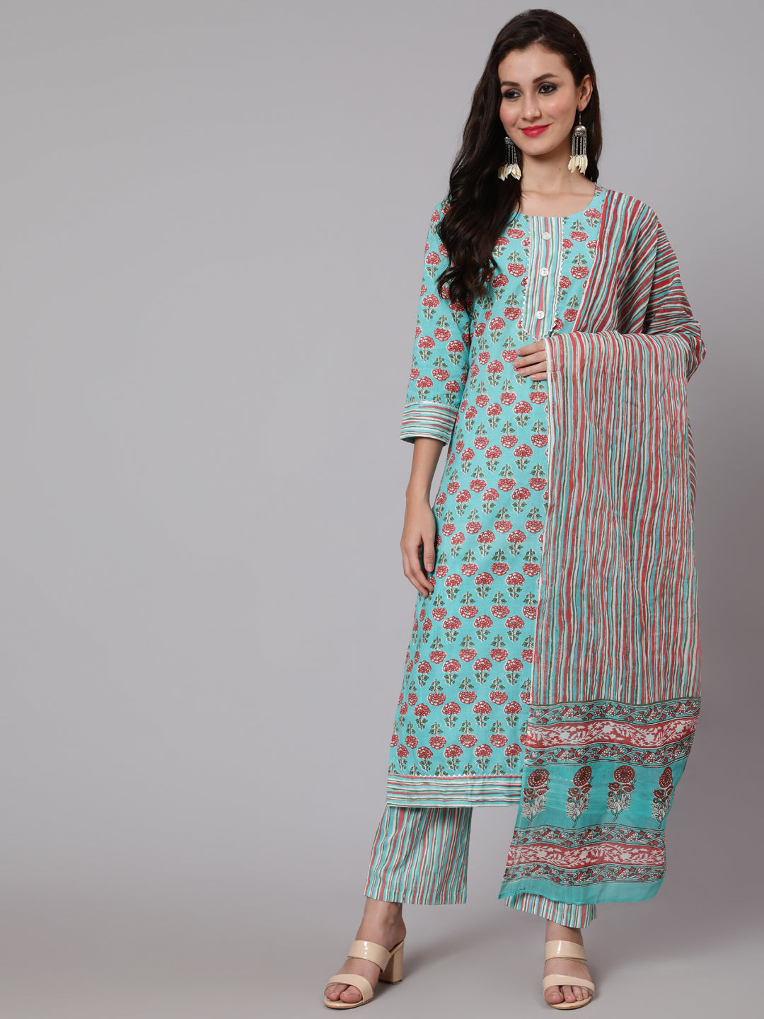 Cotton Printed Round Neck 3/4 Sleeve Straight Calf Length Ethnic Kurta Pants With Dupatta Set