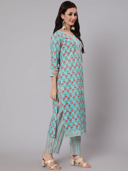 Cotton Printed Round Neck 3/4 Sleeve Straight Calf Length Ethnic Kurta Pants With Dupatta Set