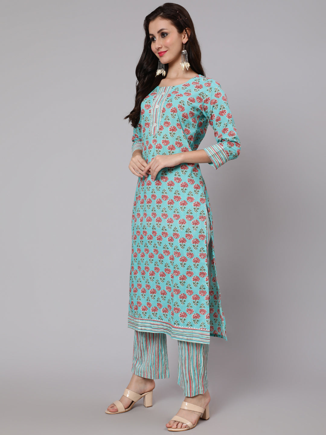 Cotton Printed Round Neck 3/4 Sleeve Straight Calf Length Ethnic Kurta Pants With Dupatta Set